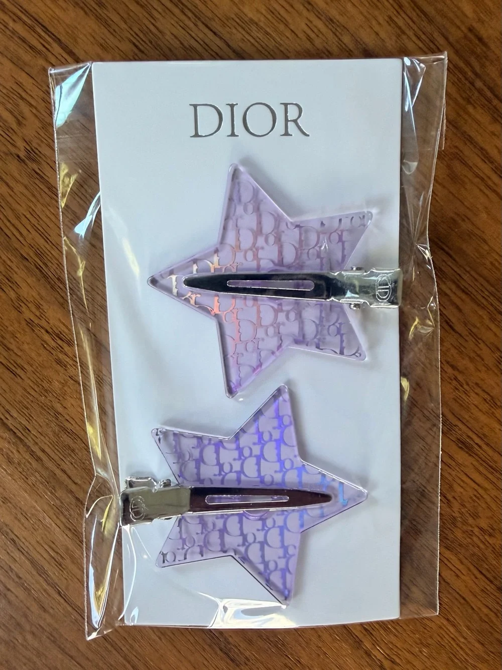 Dior Iridescent Purple Branded Star Set of 2 Alligator Style Barrettes NEW SEALE